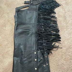 Leather fringed motorcycle chaps.